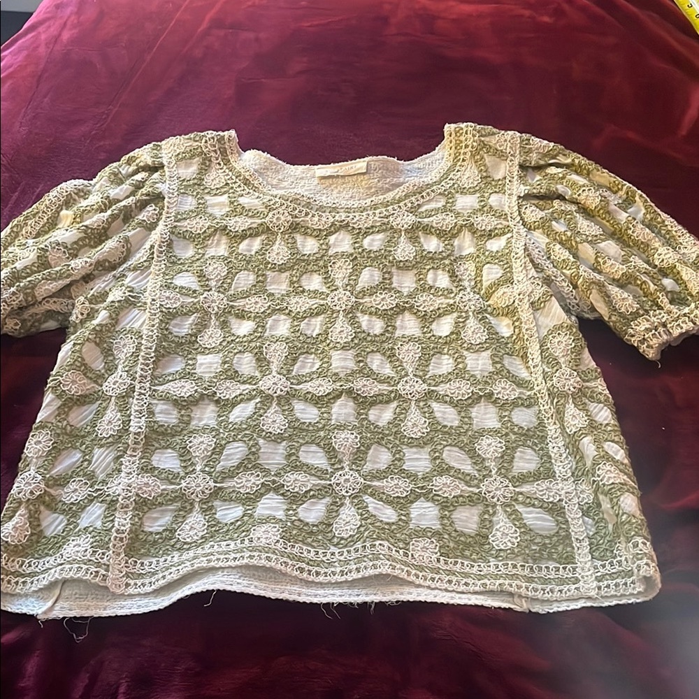 Solitaire Green and White Crochet Top Large